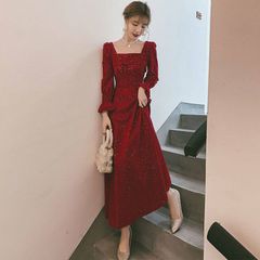 Váy nhung đỏ tay bồng cổ vuông dáng xòe mặc đi chơi đi tiệc sang chảnh cho nữ