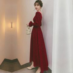 Váy nhung đỏ tay bồng cổ vuông dáng xòe mặc đi chơi đi tiệc sang chảnh cho nữ