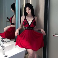 Váy ngủ hai dây ren đỏ kèm quần lót sexy quyến rũ cho nữ