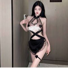 Sườn xám đan dây bụng trái tim xuyên thấu sexy gợi cảm buộc dây lưng, che tên sản phẩm