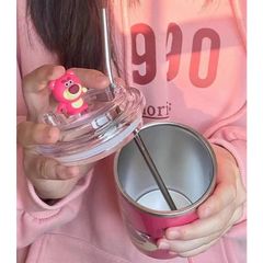 Ly giữ nhiệt hình gấu dâu kèm ống hút inox (TH223)