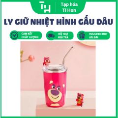 Ly giữ nhiệt hình gấu dâu kèm ống hút inox (TH223)