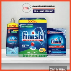 Combo rửa bát Finish Hộp All in one (120 viên hoặc 90 viên), Muối 1.2kg, Nước làm bóng 750ml  - ImP