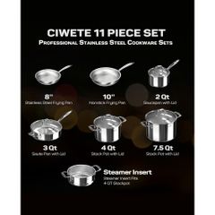 Bộ nồi inox Ciwete SS0103-11PC NEW-SS set 7 món ( 2 chảo inox, 1 quánh, 1 nồi chảo, 2 nồi, 1 xửng hấp)