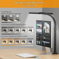 Đèn LED Bàn 2 Đầu TD01 Chân Đế/ Kẹp Thành Bàn 5 Mức Sáng, 5 Chế Độ Màu, Hẹn Giờ, Có Remote, Cổ Ngỗng