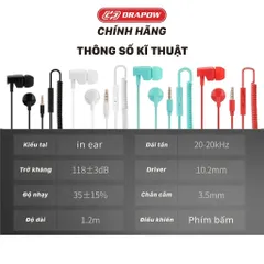 Tai Nghe Dây Xoắn Kéo Dài Drapow Twister C10 - Có Mic, Âm Thanh HD, Extra Bass, Chân Cắm Aux 3.5mm