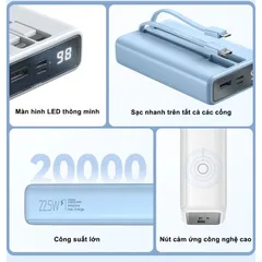 Pin Sạc Dự Phòng 20.000mAh Sạc Nhanh 22.5W ROMOSS PAC20 Màn Hình LED, Liền Cáp L & C