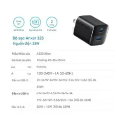 Củ Sạc Nhanh PD 33W ANKER 323 -  A2331 PowerIQ 3.0, 1 Cổng Type C + 1 Cổng USB