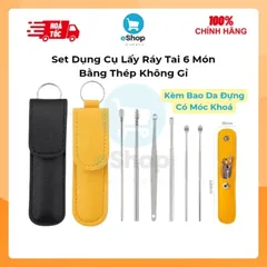 Combo 2 Bộ Dụng Cụ Lấy Ráy Tai 6 Món Bằng Thép Không Gỉ Kèm Bao Da Có Móc Khoá Tiện Lợi
