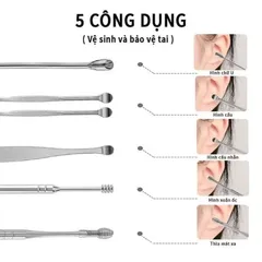 Combo 2 Bộ Dụng Cụ Lấy Ráy Tai 6 Món Bằng Thép Không Gỉ Kèm Bao Da Có Móc Khoá Tiện Lợi