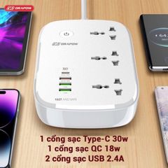 Ổ Cắm Điện Wifi Thông Minh Kết Nối App Drapow SK25 3 Ổ Cắm Điện 2500W + 1 Cổng PD 30W + 3 USB A