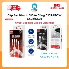 Cáp Sạc Nhanh Cổng C 3 Đầu DRAPOW CX02/CX03 ( Type-C to L+ L + C/ C + C + L ) Dây Dù, Chuôi Cáp Đúc