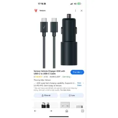 Tẩu Sạc Nhanh Oto Xe Hơi Verizon Cổng Usb C PD 45w PD 3.0, PPS