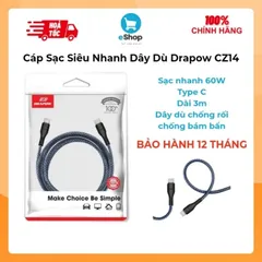 Cáp sạc siêu nhanh dây dù type C  60W , dài 3m , Drapow CZ14 , hỗ trợ iPhone 15