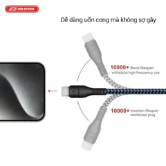 Cáp sạc siêu nhanh dây dù type C  60W , dài 3m , Drapow CZ14 , hỗ trợ iPhone 15