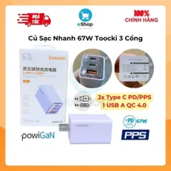 Củ Sạc Nhanh 67W TOOCKI – 3 Cổng (2 USB-C + 1 USB-A) Công Nghệ PowiGaN Hỗ Trợ PD/PPS/QC4.0