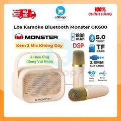 Loa Karaoke Bluetooth Monster GK600, Kèm 2 Mic Không Dây, Bluetooth, AUX, USB, TF Card