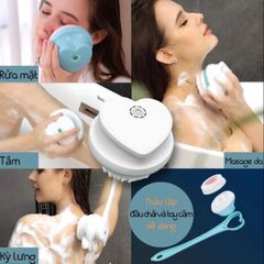 Bàn Chải Tắm Điện Kết Hợp Máy Rửa Mặt 2 Trong 1 - Máy Chà Lưng Với 4 Đầu Thay Thế