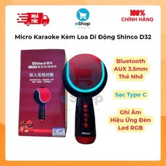Micro Karaoke Kèm Loa Di Động Shinco D32 - Hiệu ứng đèn Led RGB, Cổng Type C, Aux 3.5mm, Thẻ Nhớ