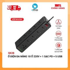 Ổ Cắm Điện Đa Năng SK28 Chính Hãng Drapow 10 Ổ Cắm Điện 220v + 5 USB A + 1 Type C Sạc Nhanh PD 20W