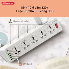 Ổ Cắm Điện Đa Năng SK28 Chính Hãng Drapow 10 Ổ Cắm Điện 220v + 5 USB A + 1 Type C Sạc Nhanh PD 20W