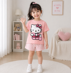 Bộ thun cotton hello kitty cute đáng yêu kèm quần kẻ cho bé gái size 20-35kg(ảnh thật)