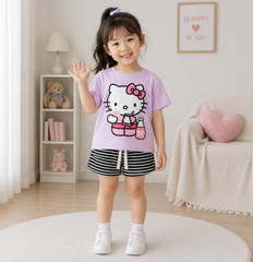 Bộ thun cotton hello kitty cute đáng yêu kèm quần kẻ cho bé gái size 20-35kg(ảnh thật)