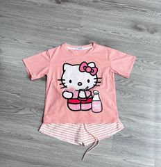 Bộ thun cotton hello kitty cute đáng yêu kèm quần kẻ cho bé gái size 20-35kg(ảnh thật)
