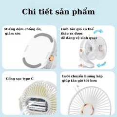 Quạt Tích Điện Kẹp Bàn 5 Mức Gió Có Đèn LED, Pin 5000mAh & 12000mAh Cao Cấp