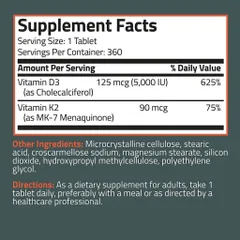 Organic Vitamin K2 D3 - Chai 360 viên - Giúp xương chắc khỏe, tăng sức đề kháng