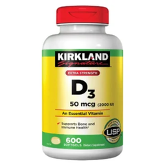 Kirkland Signature D3 50 mcg (2000 IU) 600 viên mềm, vitamin thiết yếu hỗ trợ xương và sức khỏe miễn dịch.