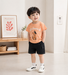 Bộ thun cotton chó con cute kèm quần vải túi hộp phong cách hàn quốc mùa hè cho bé trai