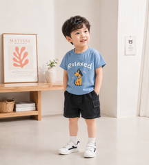 Bộ thun cotton chó con cute kèm quần vải túi hộp phong cách hàn quốc mùa hè cho bé trai