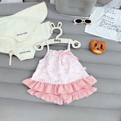 Set bộ hai dây đũi gấu thỏ đính nơ bèo xinh xắn dễ thương mát mẻ mùa hè cho bé gái