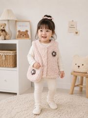 Hàng QC - Áo gile lông cừu đính hoa kèm túi xinh xắn vintage hàn quốc mùa đông ấm áp cho bé gái