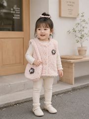 Hàng QC - Áo gile lông cừu đính hoa kèm túi xinh xắn vintage hàn quốc mùa đông ấm áp cho bé gái
