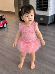 Set áo hoa nhí bèo kèm quần váy công chúa nơ voan tầng xinh xắn điệu đà mùa hè mặc đi chơi cho bé gái kèm ảnh thật