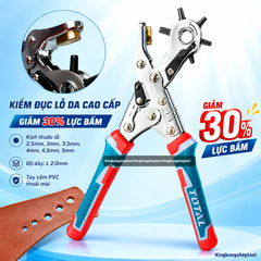 (T17) Kềm Đục Lỗ Da TOTAL THT33526 Trợ Lực 30% – 6 Cỡ Lỗ 2.5-5mm, Bấm Êm Xuyên Da Dày 2mm