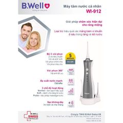 Máy Tăm nước B.WELL WI-912 vệ sinh răng miệng - phiên bản cải tiến 5 đầu, 3 chế độ phun, dễ sử dụng, tiện lợi (bwell)