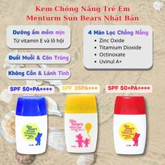 Kem Chống Nắng Cho Bé Menturm Sun Bears Chính Hãng Nhật Bản 30gr Cho Da Nhạy Cảm, Không Cồn Dịu Nhẹ