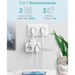 Ổ Điện Đa Năng 3680W SUDEERY WPG-EU016 ( Đức ) 2 Cổng 220V + 3 Cổng USB-A, Nhựa Cao Cấp Chống Cháy