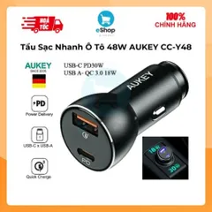 Tẩu Sạc Nhanh Ô Tô 48W AUKEY CC-Y48, 2 Cổng Type C PD và USB QC3.0 Siêu Nhỏ Gọn, Vỏ Kim Loại
