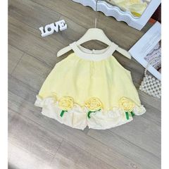 Set bộ yếm đũi đính hoa xinh xắn dáng xòe bồng điệu đà mát mẻ mùa hè cho bé gái kèm ảnh thật