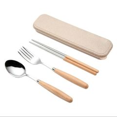 Bộ Đũa, Thìa, Dĩa Inox Chuôi Gỗ hộp đựng lúa mạch