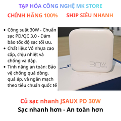 Củ sạc nhanh Pd 30w Jsaux, Hiệu suất tối ưu, Bền bỉ, An toàn cho thiết bị