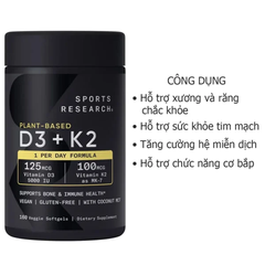 Viên vitamin D3 K2 thuần chay Sports Research 160 viên