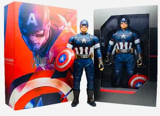 Đồ chơi Captain America với khiên tròn, bộ đồ màu xanh đỏ trắng, đeo mũ và găng tay, trong hộp nhựa trong suốt. Mô hình siêu nhân đội trưởng Mĩ cao 32cm có khớp Captain America