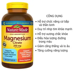 Viên uống hỗ trợ chức năng cơ bắp, thân kinh và tim mạch - Magnesium Citrate Nature Made 250mg 180 viên của Mỹ