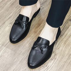 ( BAN L43 ) Sục da mềm giá rẻ Hàn Quốc, Giày sục mùa hè da đen lì thắt nơ đế cao su cao 3cm chống trơn trượt