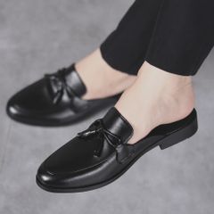 ( BAN L43 ) Sục da mềm giá rẻ Hàn Quốc, Giày sục mùa hè da đen lì thắt nơ đế cao su cao 3cm chống trơn trượt